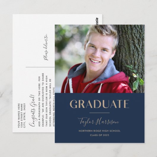 2025 Afstuderen Navy Blue & Gold Afstuderen Briefkaart (Voorkant / Achterkant)