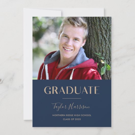 2025 Afstuderen Navy Blue & Gold Graduation Party Kaart (Voorkant)