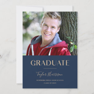 2025 Afstuderen Navy Blue & Gold Graduation Party Kaart