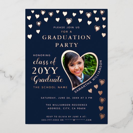 2025 Afstuderen Navy Blue & Roos Gold Afstuderen Folie Uitnodiging (Voorkant)