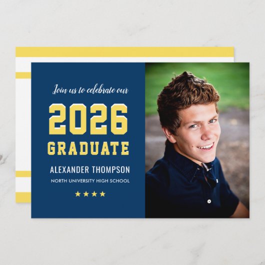 2025 Afstuderen Navy Yellow Graduation Party Foto Kaart (Voorkant / Achterkant)