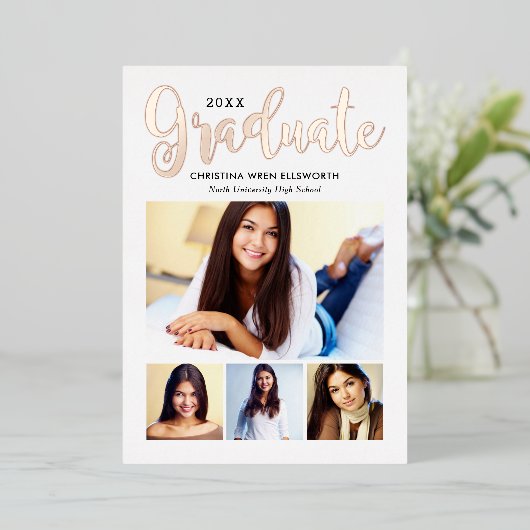 2025 Afstuderen Roos Gold Script Photo Collage Par Folie Uitnodiging (Staand Voorkant)