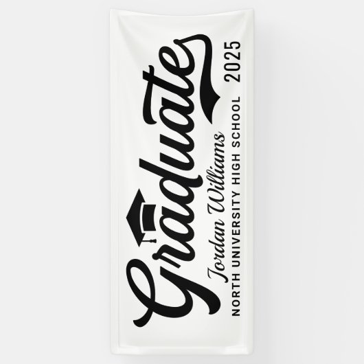 2025 Afstuderen Wit Zwart Script Custom Afstuderen Spandoek (Verticaal)