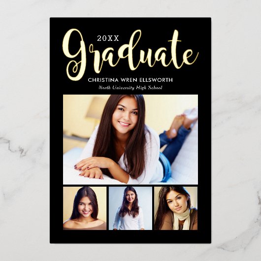 2025 Afstuderen Zwart Goud Script Fotocollage Folie Uitnodiging (Voorkant)