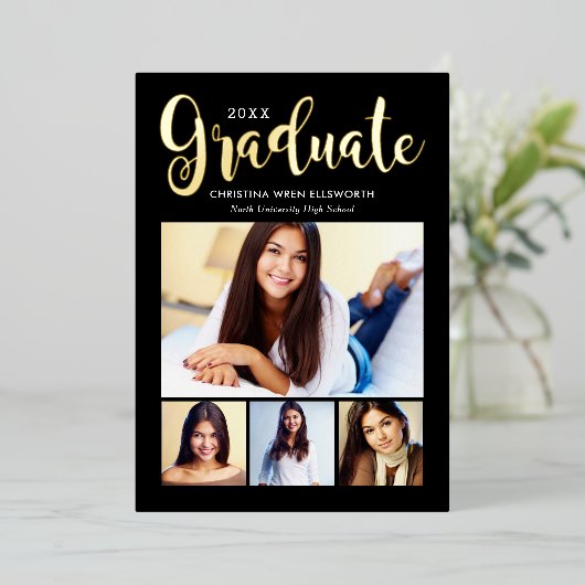 2025 Afstuderen Zwart Goud Script Fotocollage Folie Uitnodiging (Staand Voorkant)
