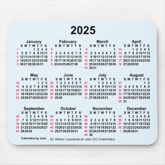 2025 Alice Blue 52 weken ISO-kalender van Janz Muismat (Voorkant)
