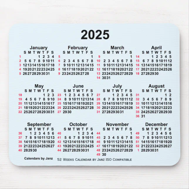 2025 Alice Blue 52 weken ISOkalender van Janz Muismat Zazzle.nl