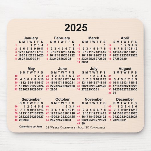 2025 Antiek wit 52 weken ISO-kalender door Janz Muismat (Voorkant)