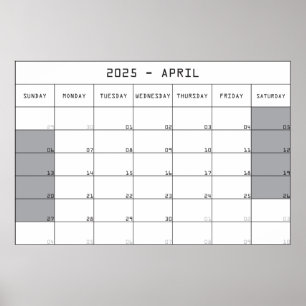 2025 April Planer Kalender Grote noten Ruimte Poster
