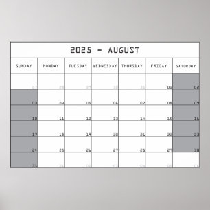 2025 augustus Planer Calendar Big Notes Space Poster