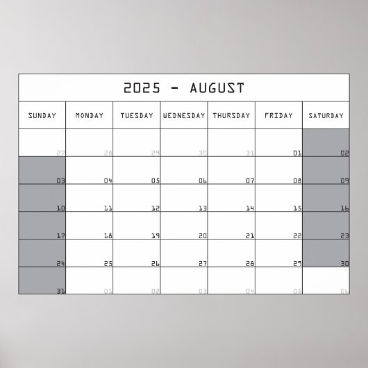 2025 augustus planner kalender grote notities ruim poster (Voorkant)