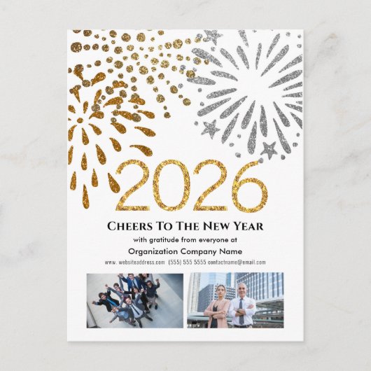 2025 Bedrijfsfoto Feestelijke Vuurwerk Gouden Glit Feestdagenkaart (Voorkant)