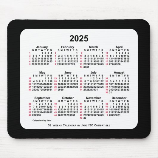 2025 Black 52 weken ISO-kalender van Janz Two Tone Muismat