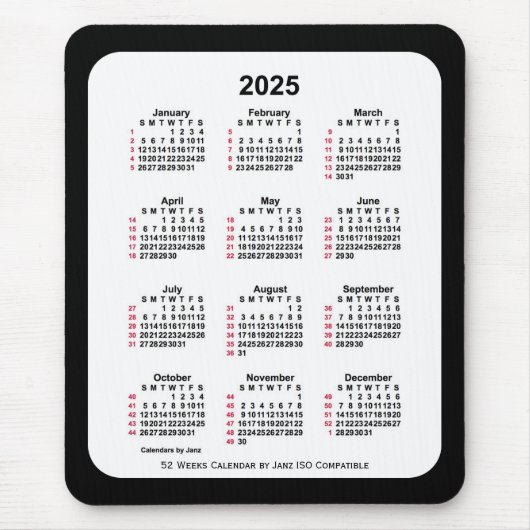2025 Black 52 weken ISO-kalender van Janz Two Tone Muismat (Voorkant)