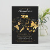 2025 Black Gold Cocktail & Petten Afstudeerfeest Kaart (Staand voorkant)