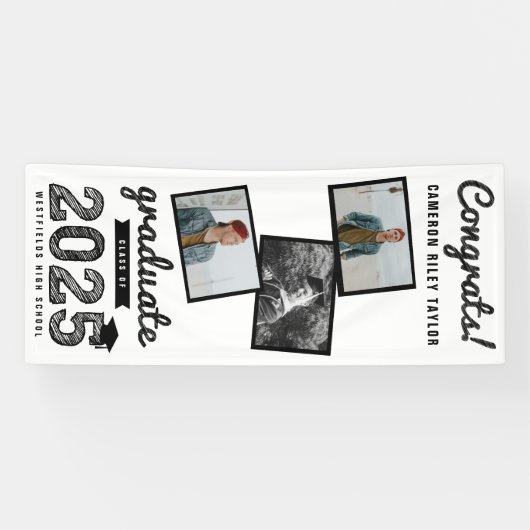 2025 Black Sketch 3 Photo Collage Afstudeerfeest Spandoek (Horizontaal)