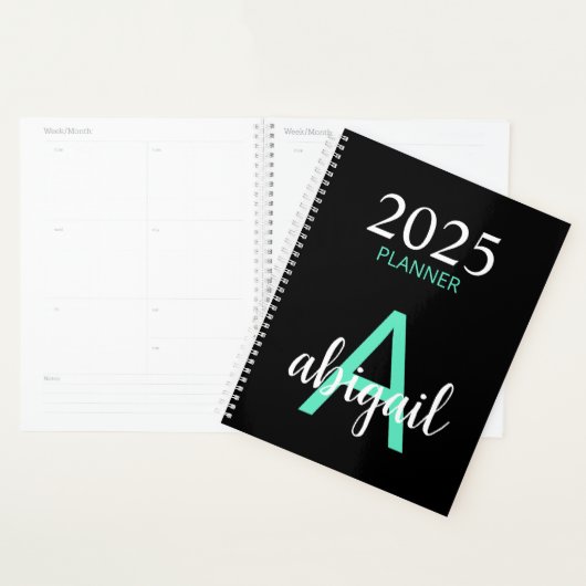 2025 Blauwgroen Zwart Eenvoudig Modern Monogram Na Planner (Display)