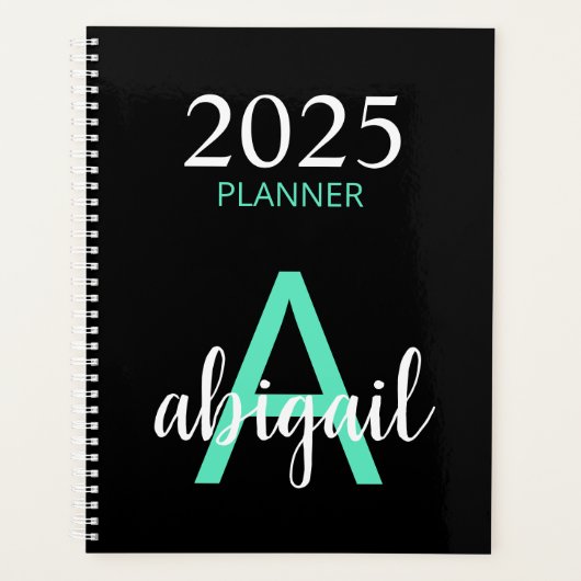 2025 Blauwgroen Zwart Eenvoudig Modern Monogram Na Planner (Voorkant)