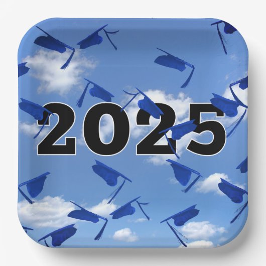 2025 Blue Graduation Caps in de lucht Papieren Bordje (Voorkant)