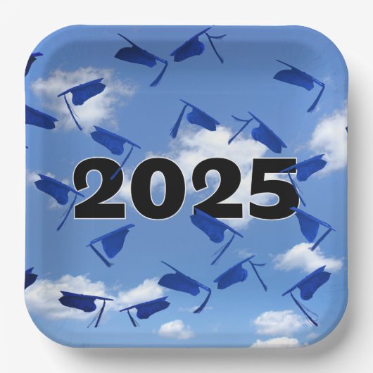 2025 Blue Graduation Caps in de lucht Papieren Bordje (Voorkant)
