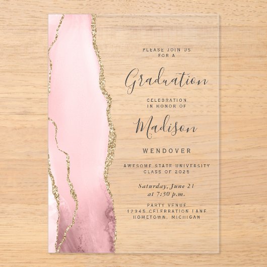 2025 Blush Roze Gouden Agaat Grijs Tekst Afstudere Acryl Uitnodigingen (Voorkant)