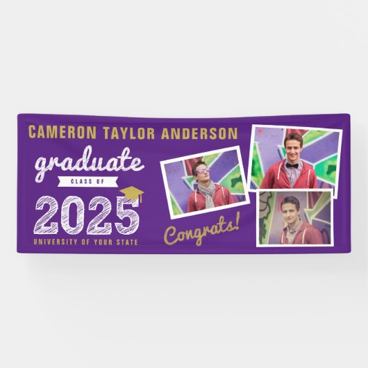 2025 Bold Sketch 3 Photo Collage Afstudeerfeest Spandoek (Horizontaal)