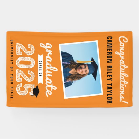 2025 Bold Sketch op Oranje foto Afstudeerfeest Spandoek (Horizontaal)