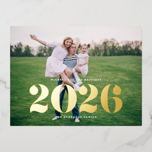 2025 Bold Typography Horizontale foto Nieuwjaar Folie Feestdagen Briefkaart (Voorkant)