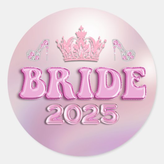 2025 bruid roze kroon retro leuk script metaalacht ronde sticker (Voorkant)