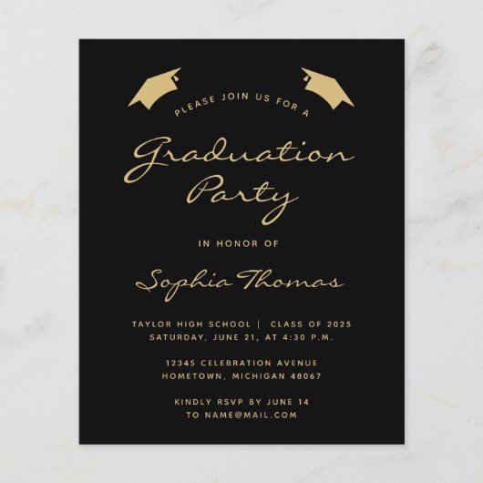 2025 Budget Modern Black Gold Graduation Party (Voorkant)