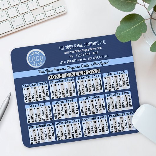 2025 Calendar Blue Easy Custom Business Logo Naam Muismat