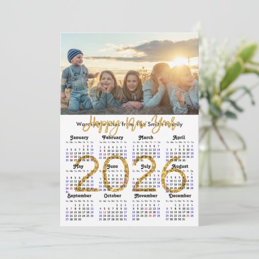 2025 Calendar Gold Glitter Script Minimalistische Feestdagenkaart (Staand voorkant)