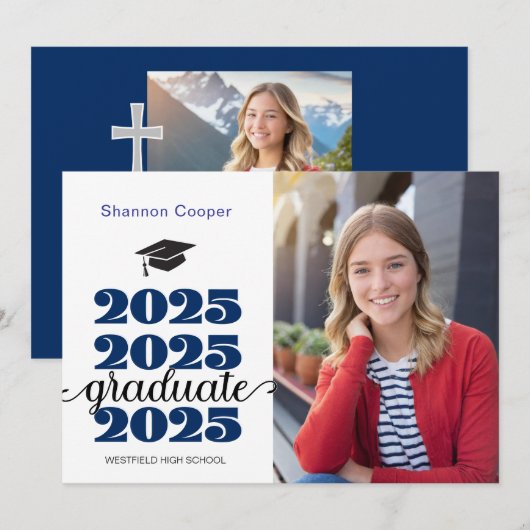 2025 Christelijk Blauw Afstuderen Fotoaankondiging Aankondiging (Voorkant / Achterkant)