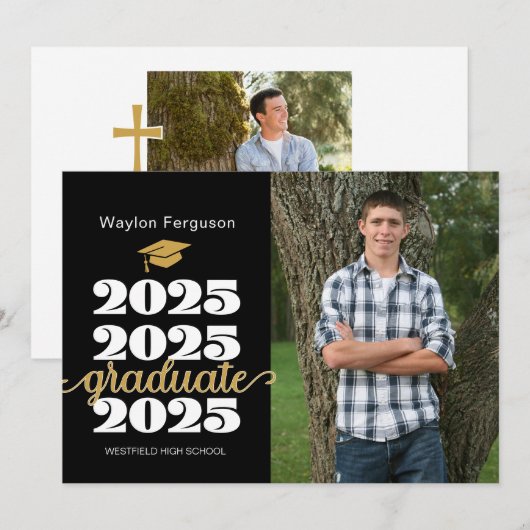 2025 Christelijk Zwart Goud Foto Afstuderen Aankondiging (Voorkant / Achterkant)