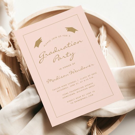2025 Classic Blush Gold Border Graduation Party Kaart