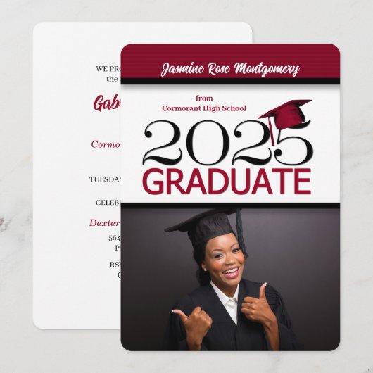 2025 Deep Red en Black Foto Afstuderen Kaart (Voorkant / Achterkant)