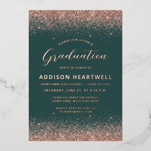 2025 Donkergroen Roos Gold Glitter Graduation Part Folie Uitnodiging
