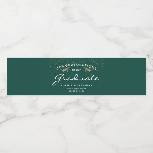 2025 Donkergroene Gouden Petten Wit Script Afstude Waterfles Etiket (Enkel label)