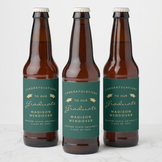 2025 Donkergroene Gouden Script Pet Graduation Bier Etiket (Flessen)