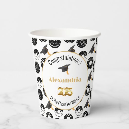 2025 Donuts and Degrees Modern Zwart-wit Papieren Bekers (Achterkant)