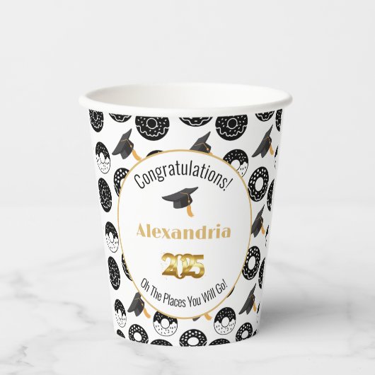 2025 Donuts and Degrees Modern Zwart-wit Papieren Bekers (Voorkant)