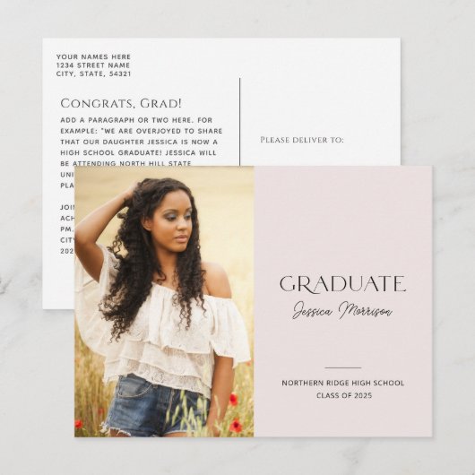 2025 Eenvoudig Modern Blush Roze 1-foto Afstuderen Briefkaart (Voorkant / Achterkant)