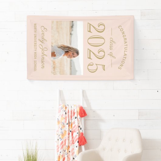 2025 Elegant Blush Gold Custom Photo Afstuderen Spandoek (Insitu)