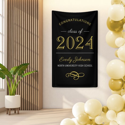 2025 Elegant Goud Zwart Custom Afstuderen Spandoek