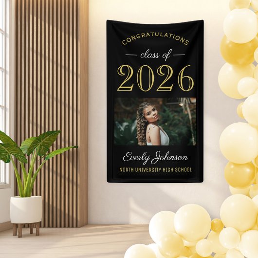 2025 Elegant Goud Zwart Custom Photo Afstuderen Spandoek