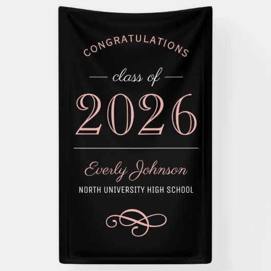 2025 Elegant Roos Goud Zwart Custom Afstuderen Spandoek (Verticaal)