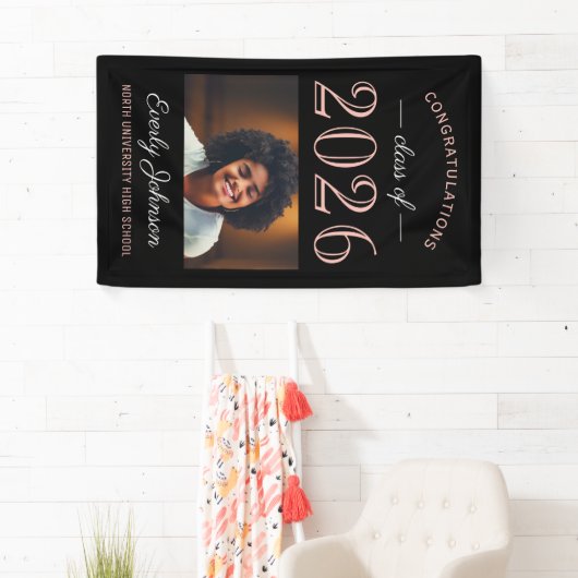 2025 Elegant Roos Goud Zwart Custom Afstuderen Spandoek (Insitu)