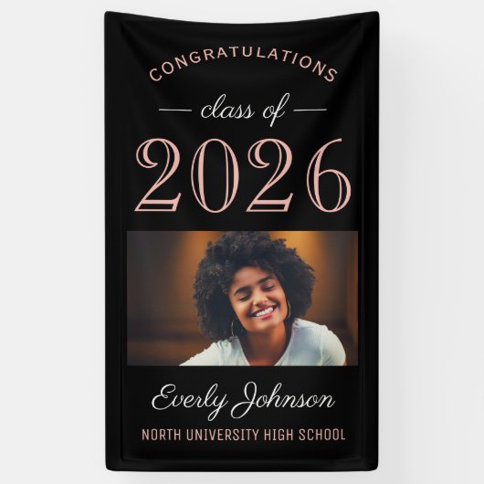 2025 Elegant Roos Goud Zwart Custom Afstuderen Spandoek (Verticaal)