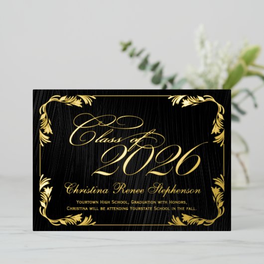 2025 Elegant zwart/goud klassevol formeel Afstuder Folie Uitnodiging (Staand Voorkant)