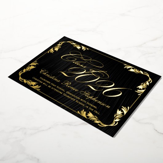 2025 Elegant zwart/goud klassevol formeel Afstuder Folie Uitnodiging (Gedraaid)